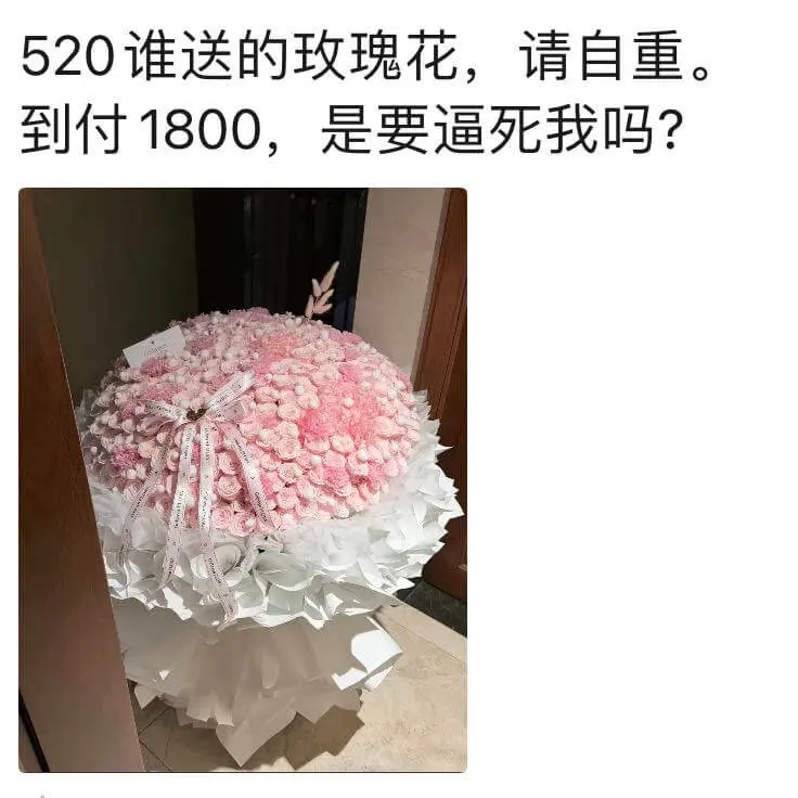 520谁送的玫瑰花，请自重。到付1800，是要逼死我吗？