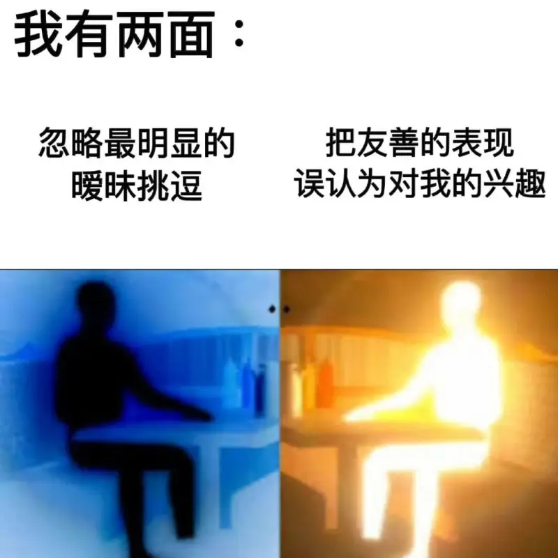 我有两面：忽略最明显的暧昧挑逗，把友善的表现误认为对我的兴趣