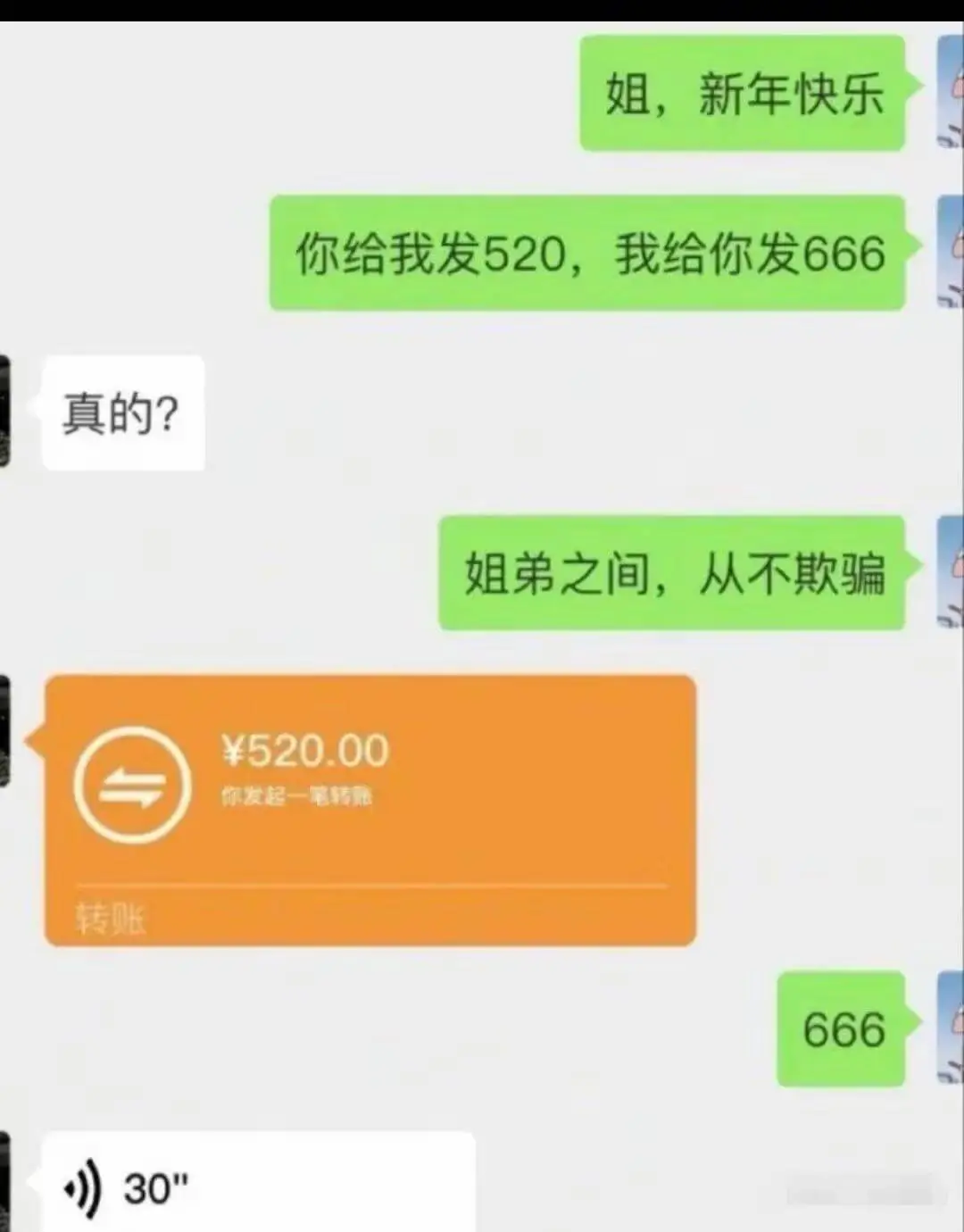 姐，新年快乐。你给我发520，我给你发666。真的？姐弟之间