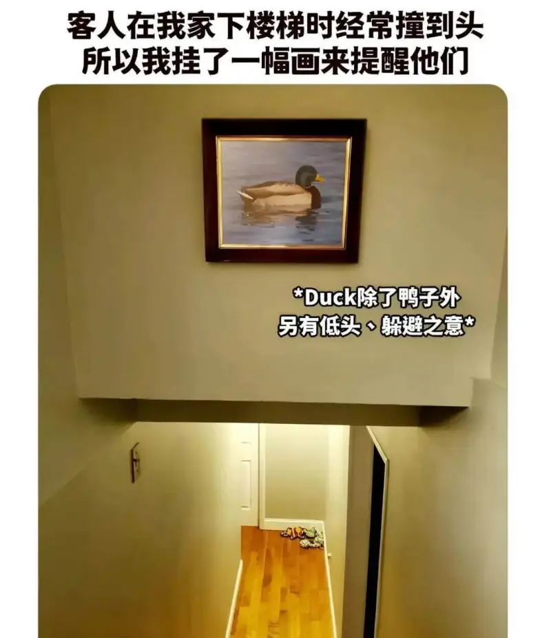 客人在我家下楼梯时经常撞到头所以我挂了一幅画来提醒他们*Du