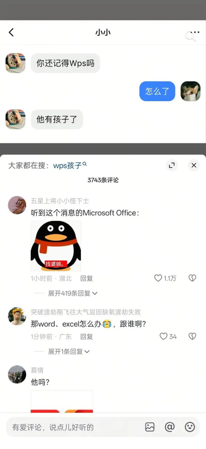 小小，你还记得WPS吗？怎么了？他有孩子了。大家都在搜：WP