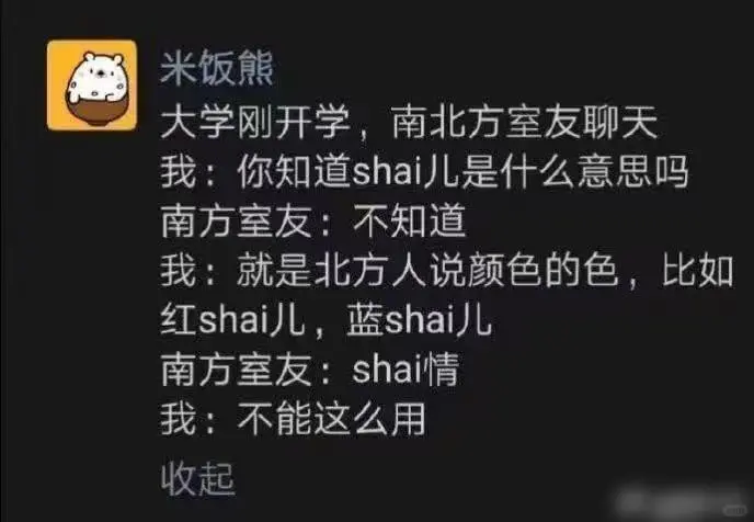 米饭熊大学刚开学，南北方室友聊天我:你知道shai儿是什么意