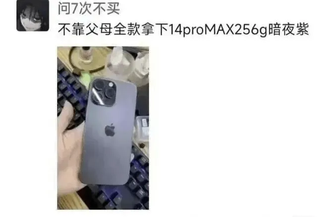 问7次不买不靠父母，全款拿下14proMAX256g暗夜紫