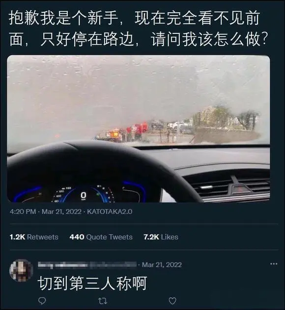 抱款我是个新手，现在完全看不见前面，只好停在路边，请问我该怎