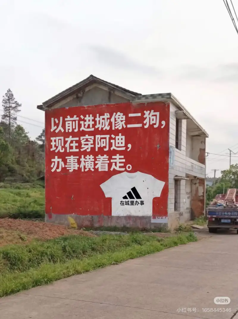 以前进城像二狗，现在穿阿迪，办事横着走。在城里办事，小红书。