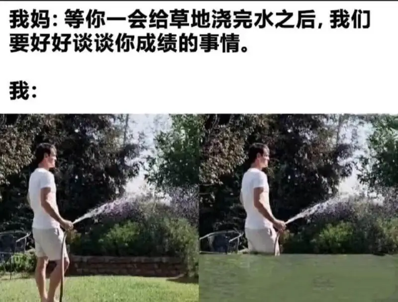 我妈：等你一会给草地浇完水之后，我们要好好谈谈你成绩的事情。