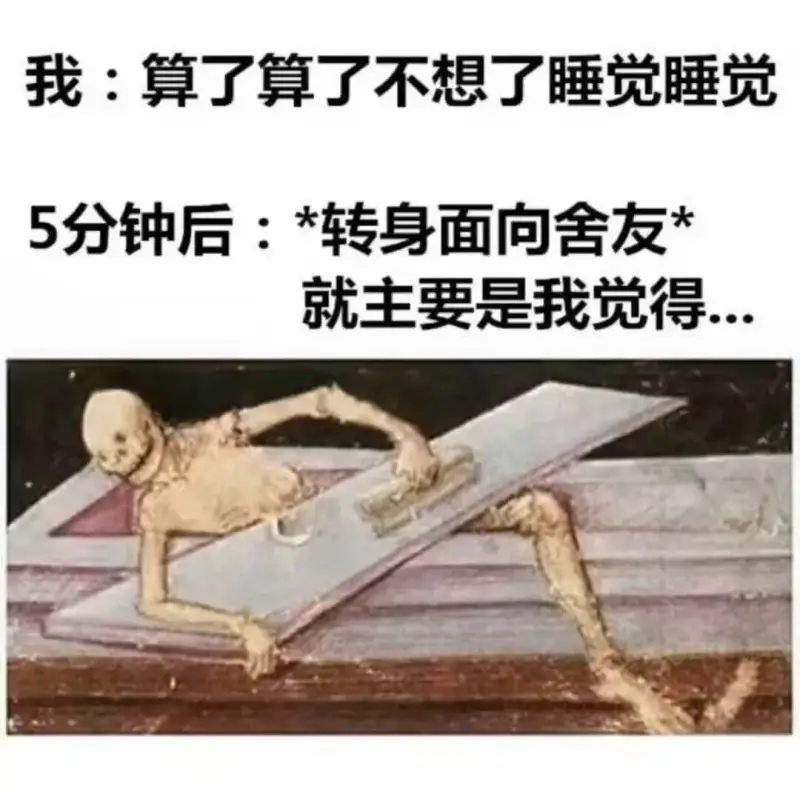 我：算了算了不想了睡觉睡觉5分钟后：*转身面向舍友*就主要是