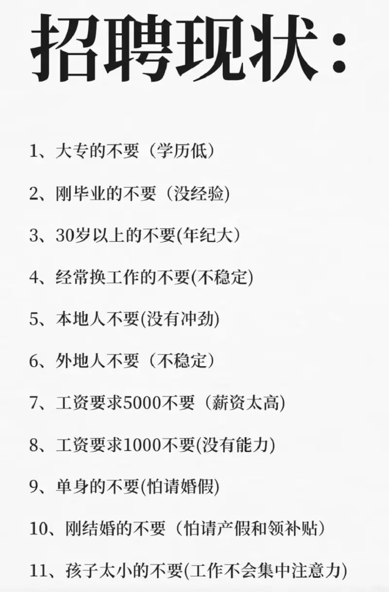 招聘现状：1、大专的不要（学历低）2、刚毕业的不要（没经验）