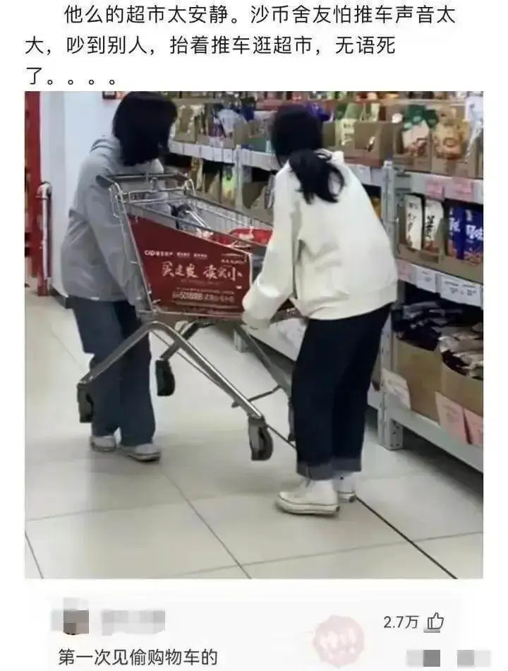 他么的超市太安静。沙币舍友怕推车声音太大，吵到别人，抬着推车
