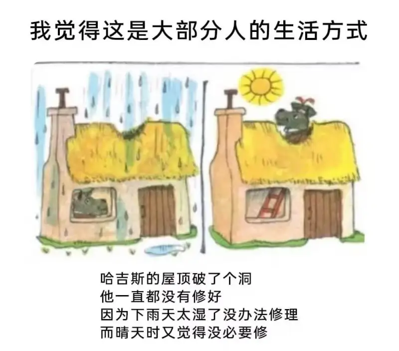 我觉得这是大部分人的生活方式：哈吉斯的屋顶破了个洞。他一直都