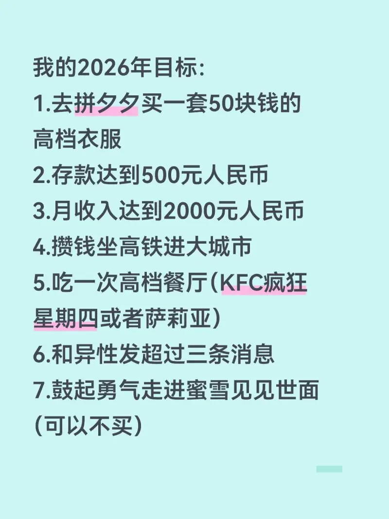 我的2026年目标：1.去拼夕夕买一套50块钱的高档衣服2.