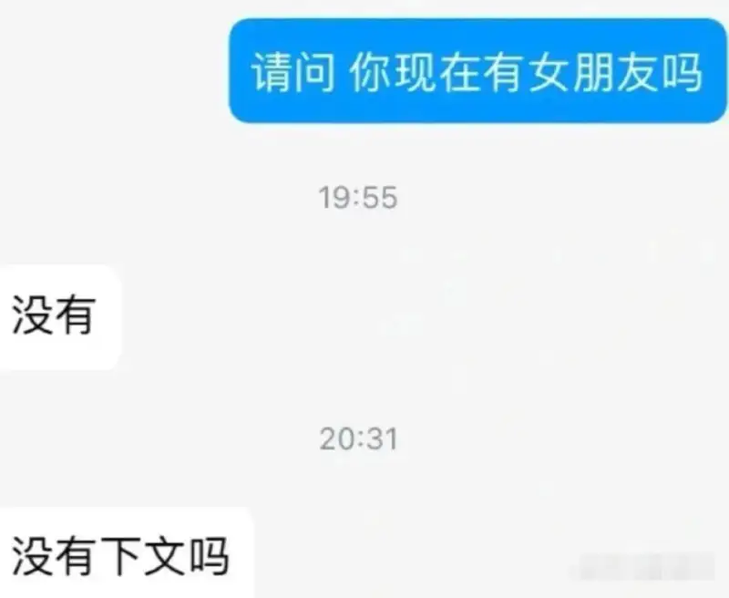 请问你现在有女朋友吗？19:55没有。20:31没有下文吗？