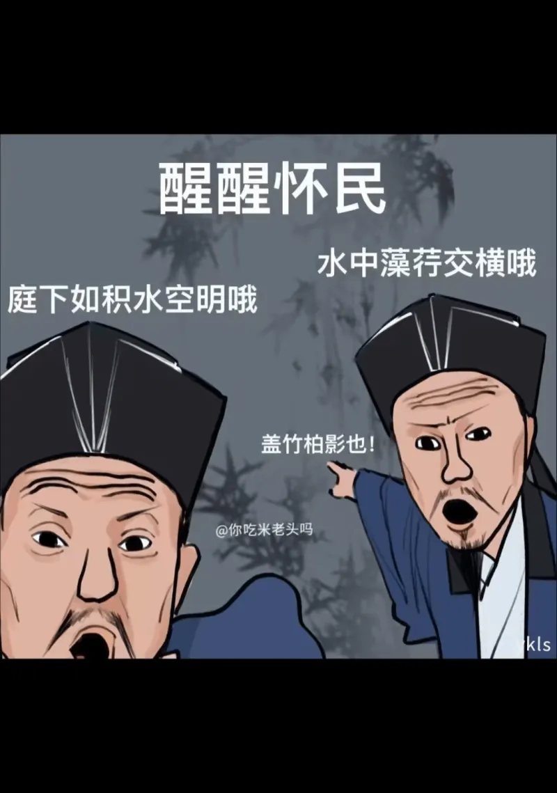 醒醒怀民水中藻荐交横哦庭下如积水空明哦盖竹柏影也！@你吃米老