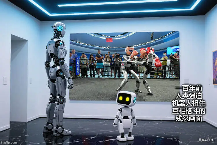 百年前，人类强迫机器人祖先互相格斗的残忍画面。豆国AI生成