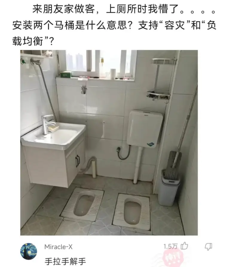 来朋友家做客，上厕所时我槽了。。安装两个马桶是什么意思？支持