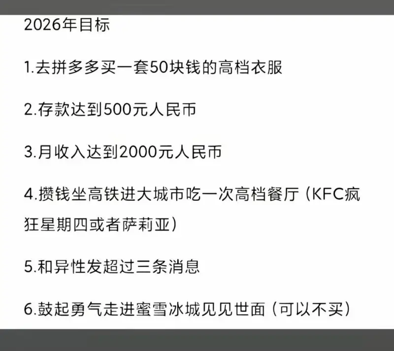 2026年目标1.去拼多多买一套50块钱的高档衣服2.存款达
