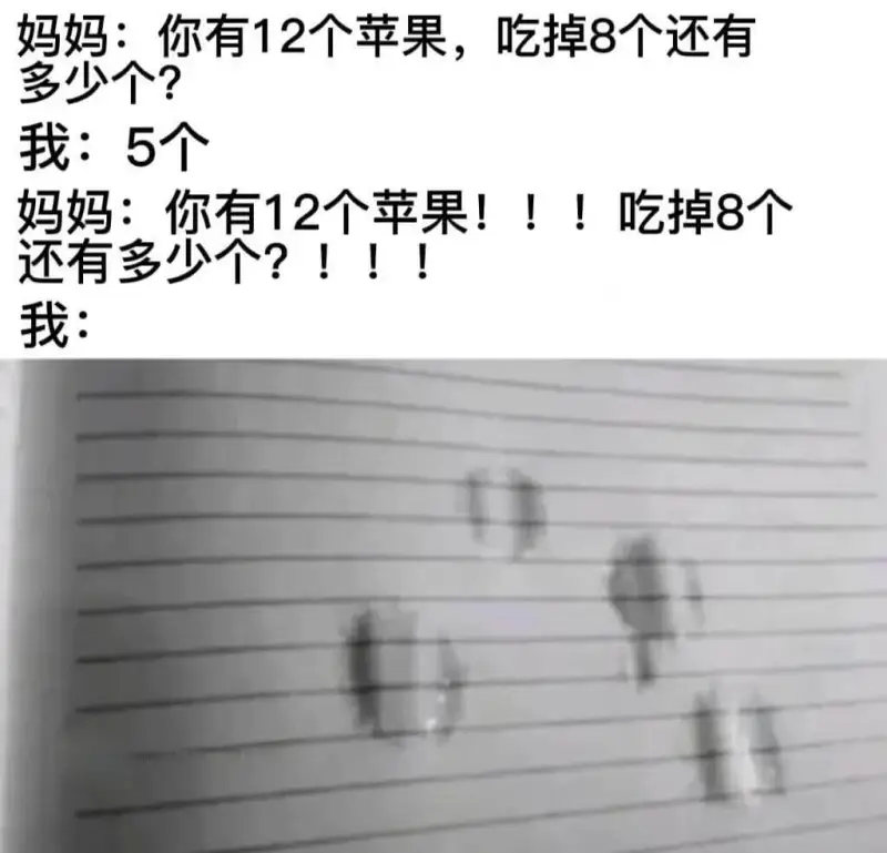 妈妈：你有12个苹果，吃掉8个还有多少个？我：5个。妈妈：你
