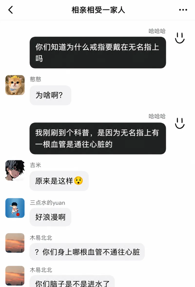 相亲相受一家人哈哈哈你们知道为什么戒指要戴在无名指上吗？憨憨