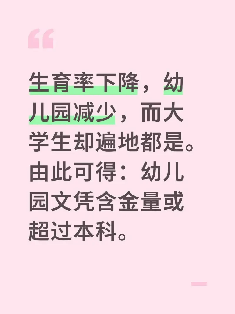 生育率下降，幼儿园减少，而大学生却遍地都是。由此可得：幼儿园
