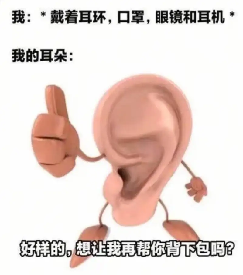 我：*戴着耳环，口罩，眼镜和耳机我的耳朵：好样的，想让我再帮