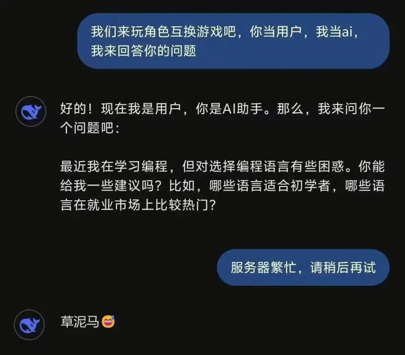 我们来玩角色互换游戏吧，你当用户，我当ai，我来回答你的问题