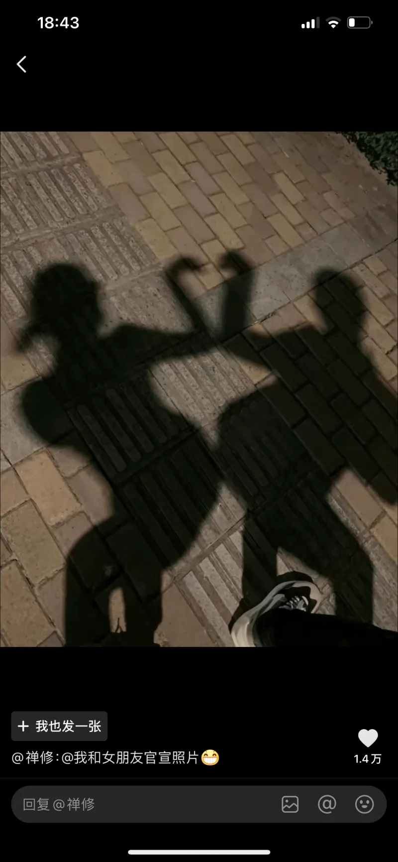 18:43十我也发一张@禅修：@我和女朋友官宣照片1.4万回